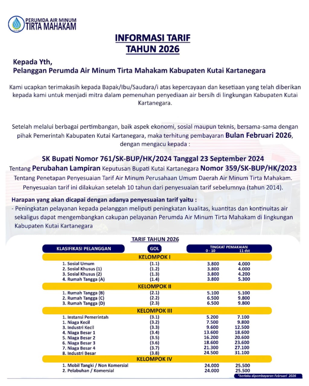 Tarif Air Tahun 2026